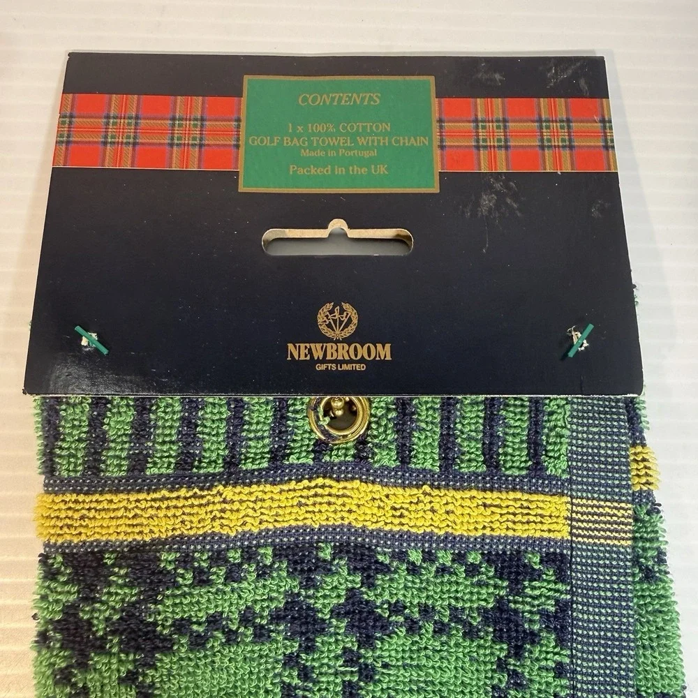 Newbroom Gifts Limited Golf Towel Gift Green Blue Yellow Golfer Print w/ Chain